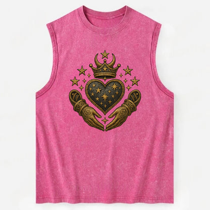 Weathered antique brass crown above a hammered gunmetal heart framed by - Vintage Washed Tank - Pink