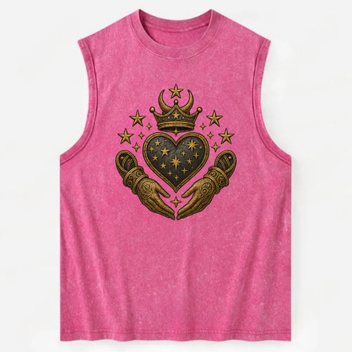 Weathered antique brass crown above a hammered gunmetal heart framed by - Vintage Washed Tank