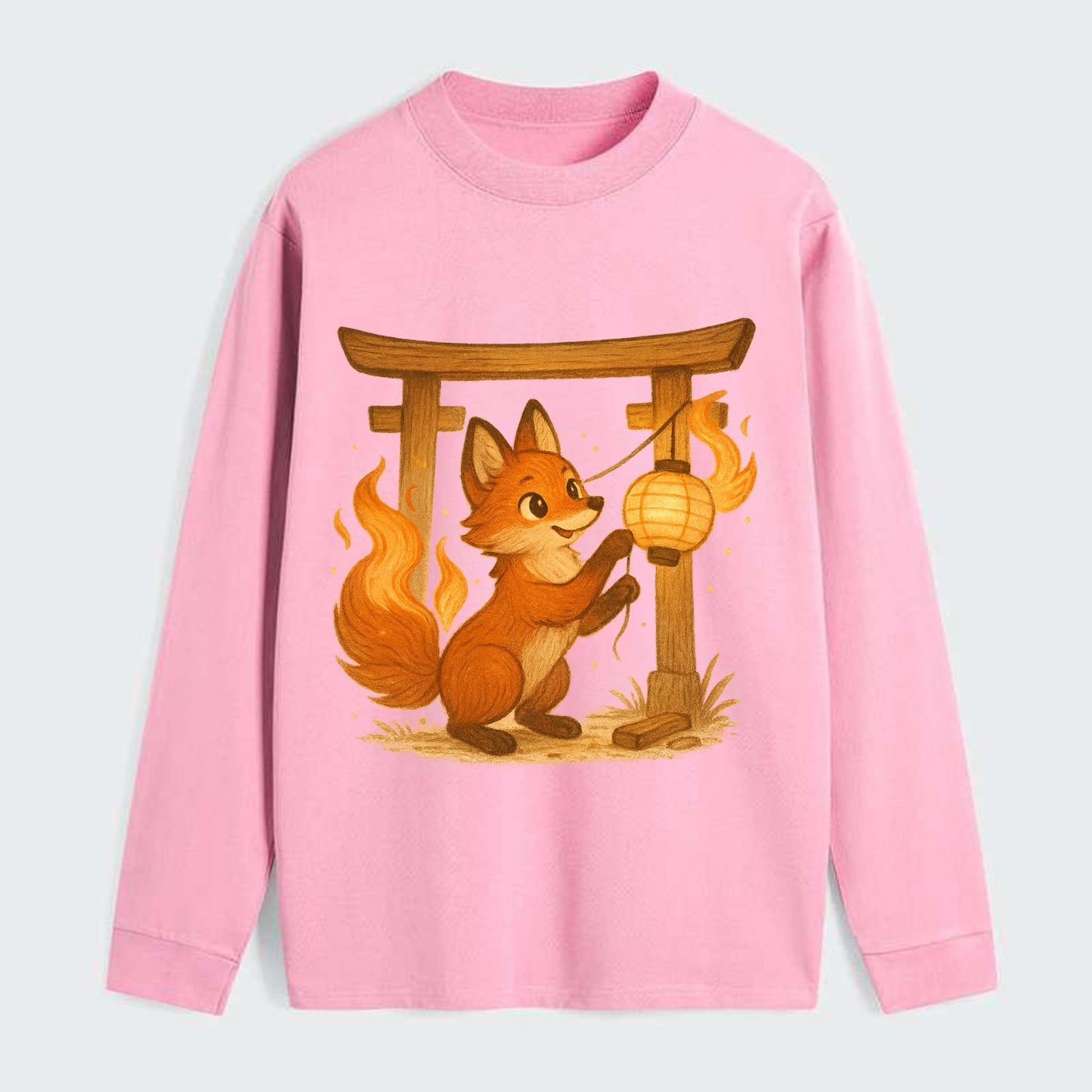 Foxfire kitsune stringing lanterns along a torii gate with tails of - Classic Long Sleeve Shirt - Pink