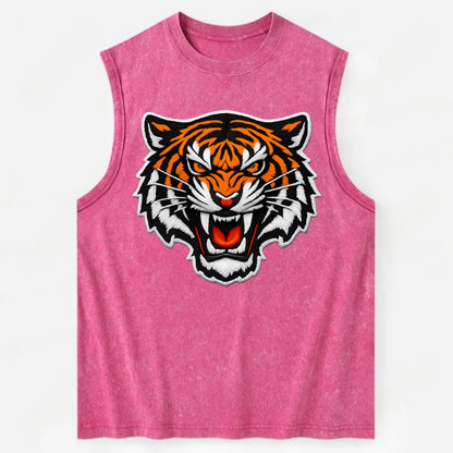 TIGER STRIPES FACE - fierce tiger face in orange, black and white , predator - Vintage Washed Tank - Pink