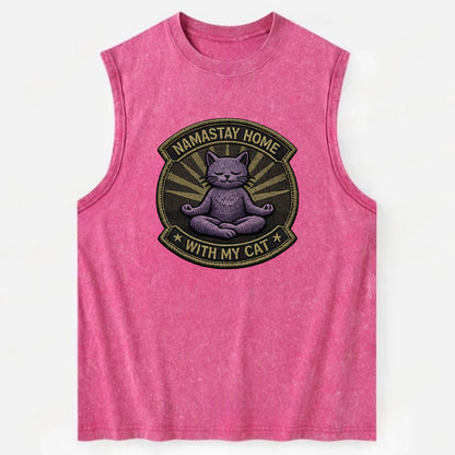 NAMASTAY HOME WITH MY CAT - yoga cat in purple , introvert cat - Vintage Washed Tank - Pink