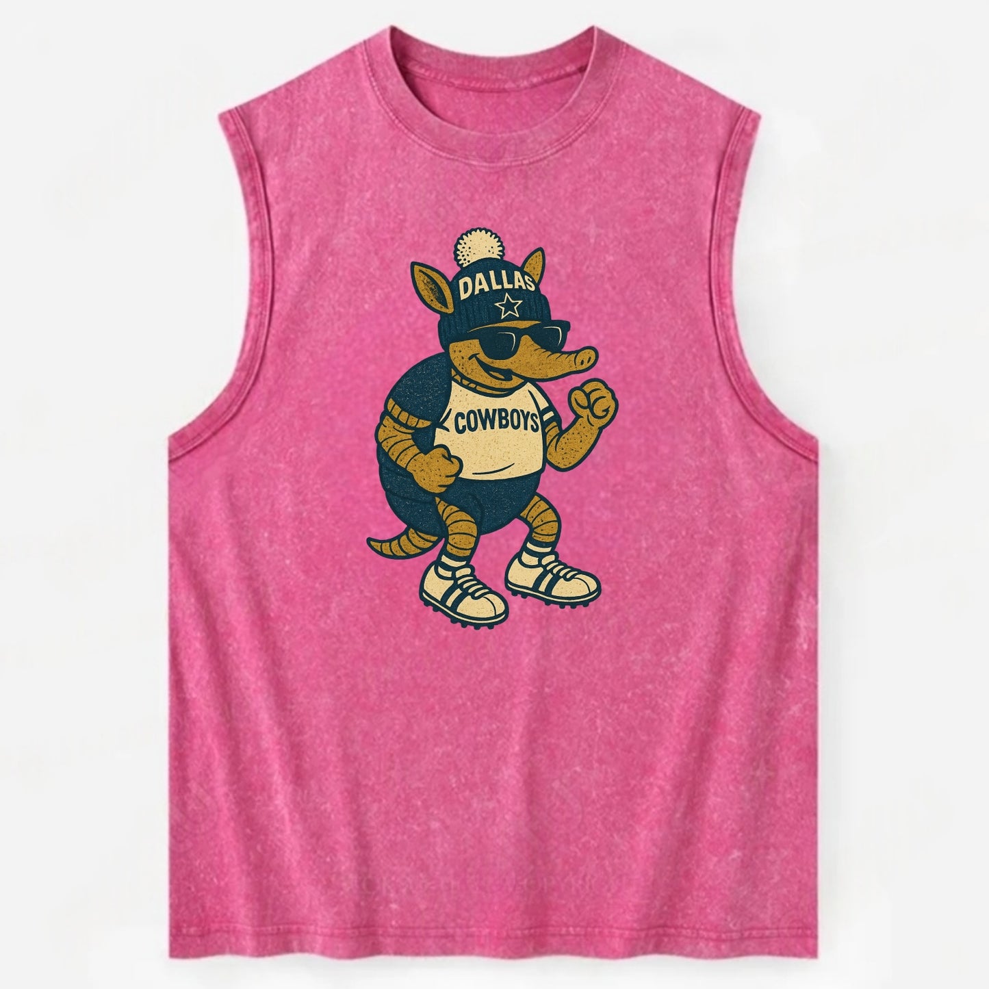 Dallas Armadillo wearing Cowboys beanie with lone star patch and wayfarer - Vintage Washed Tank - Pink