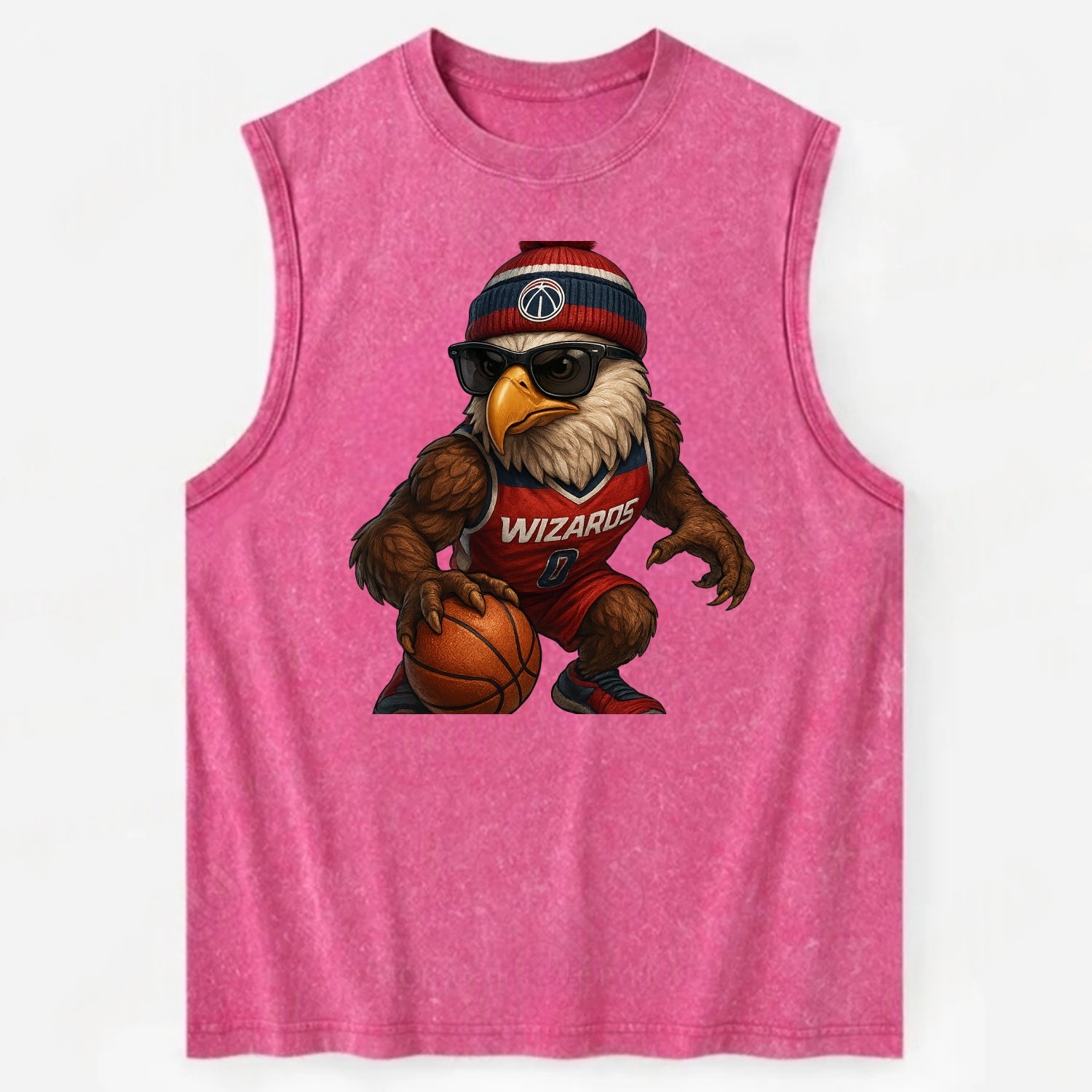 DC Eagle wearing Wizards red white and blue beanie with monument patch and - Vintage Washed Tank - Pink
