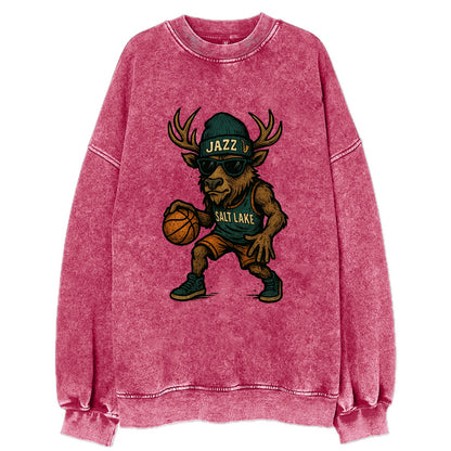 Salt Lake Elk wearing Jazz beanie with saxophone patch and wayfarer sunglasses - Vintage Sweatshirt - Pink