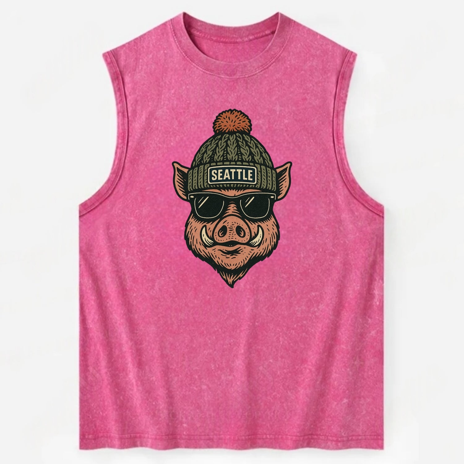 Washington Hog wearing Seattle beanie with pom pom and wayfarer sunglasses - Vintage Washed Tank - Pink