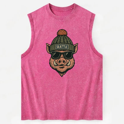 Washington Hog wearing Seattle beanie with pom pom and wayfarer sunglasses - Vintage Washed Tank - Pink
