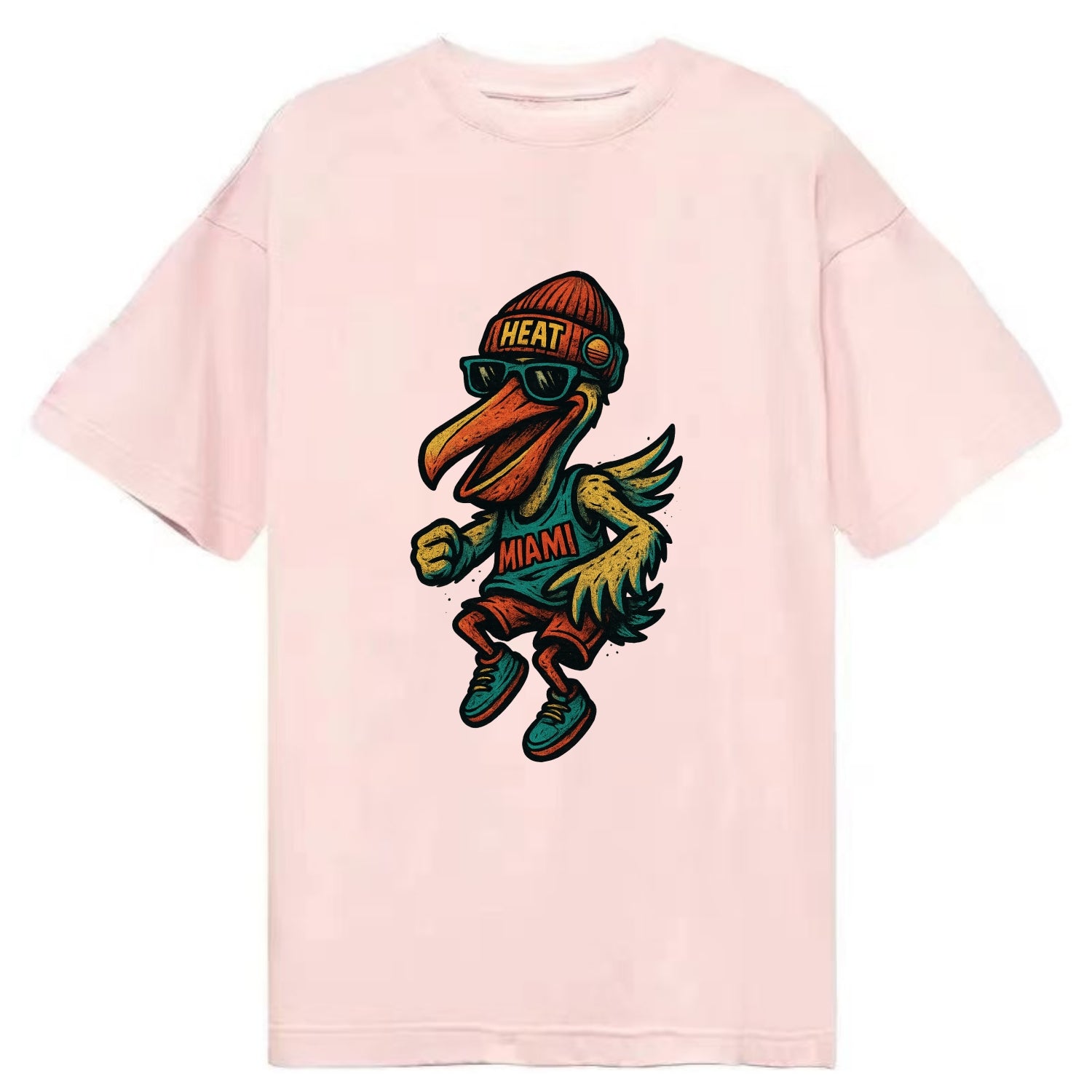 Miami Pelican wearing Heat beanie with sunset patch and wayfarer sunglasses - Classic T-shirt - Pink