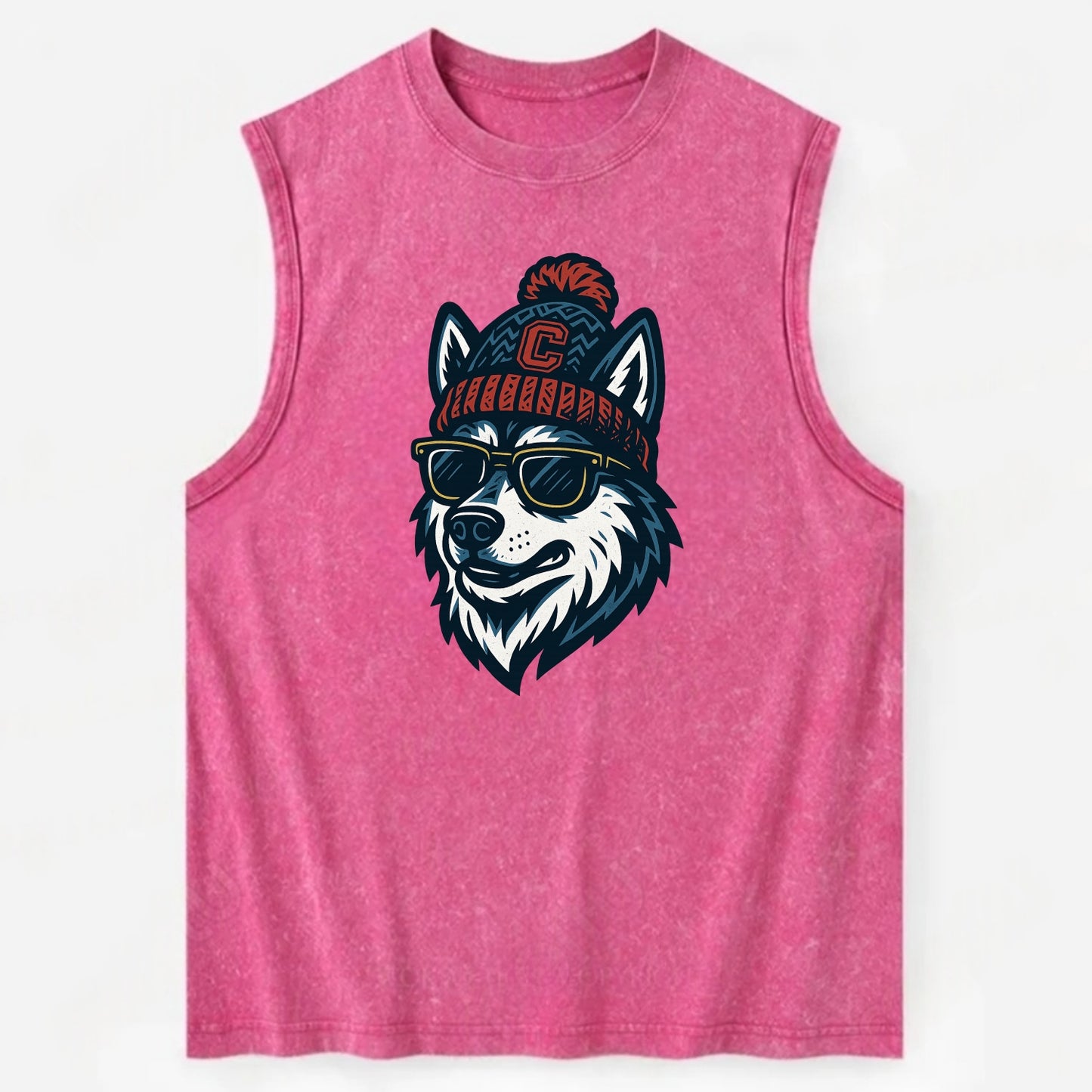 Storrs Husky wearing UConn beanie with C patch - Vintage Washed Tank - Pink