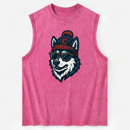Storrs Husky wearing UConn beanie with C patch - Vintage Washed Tank - Pink