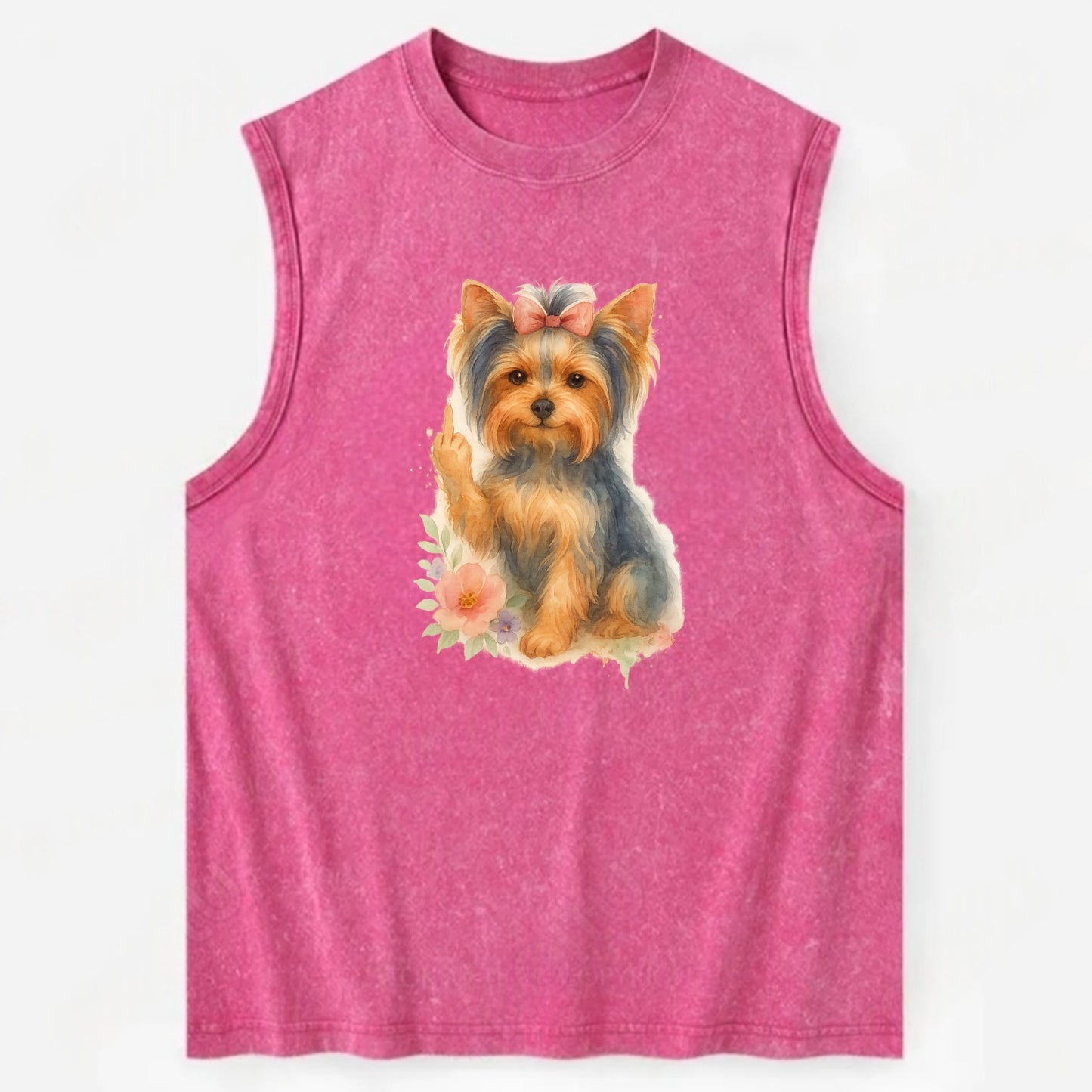 Yorkshire Terrier with topknot bow, one delicate paw flipping off - Vintage Washed Tank - Pink