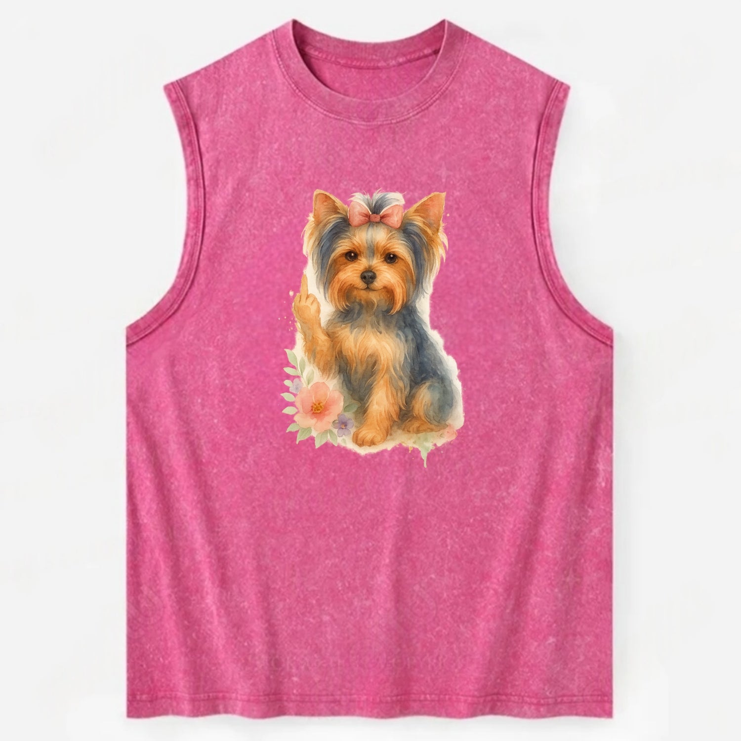 Yorkshire Terrier with topknot bow, one delicate paw flipping off - Vintage Washed Tank - Pink