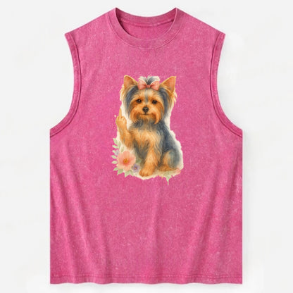 Yorkshire Terrier with topknot bow, one delicate paw flipping off - Vintage Washed Tank - Pink