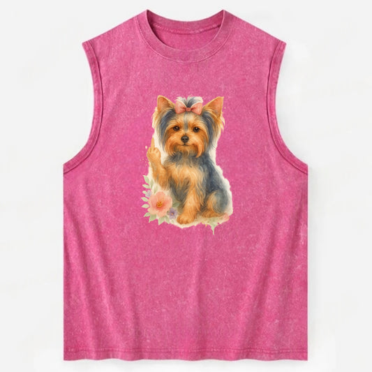 Yorkshire Terrier with topknot bow, one delicate paw flipping off - Vintage Washed Tank - Pink