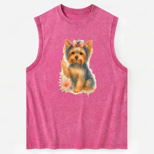 Yorkshire Terrier with topknot bow, one delicate paw flipping off - Vintage Washed Tank