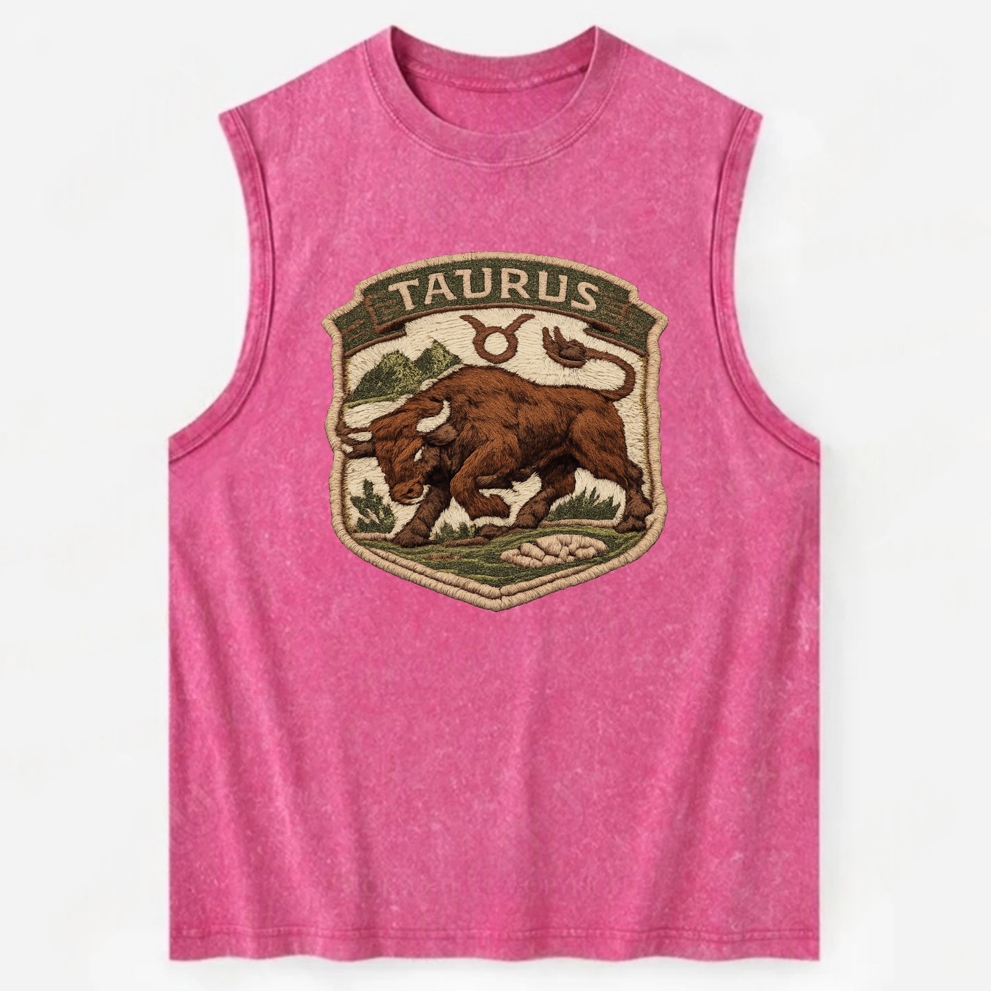 TAURUS BULL - strong bull in brown and green , earth sign - Vintage Washed Tank - Pink