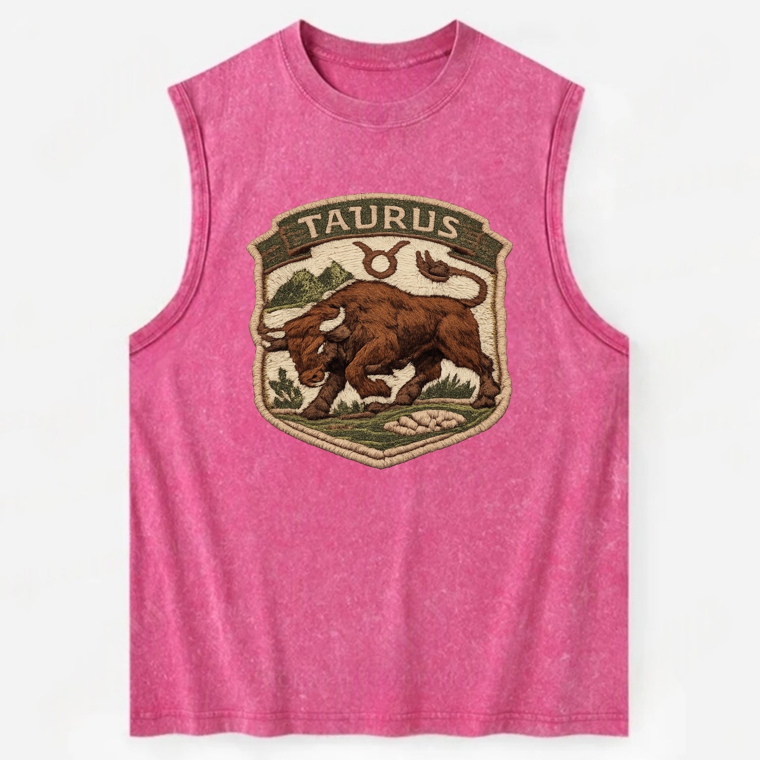 TAURUS BULL - strong bull in brown and green , earth sign - Vintage Washed Tank - Pink