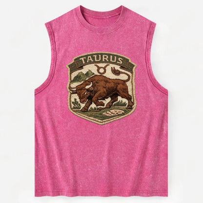 TAURUS BULL - strong bull in brown and green , earth sign - Vintage Washed Tank - Pink