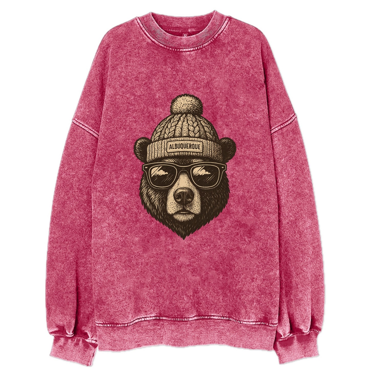 New Mexico Black Bear wearing Albuquerque beanie with pom pom and wayfarer - Vintage Sweatshirt - Pink