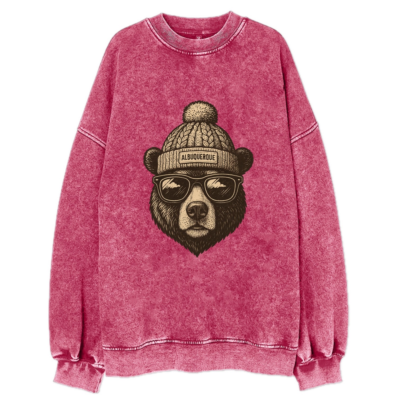 New Mexico Black Bear wearing Albuquerque beanie with pom pom and wayfarer - Vintage Sweatshirt - Pink
