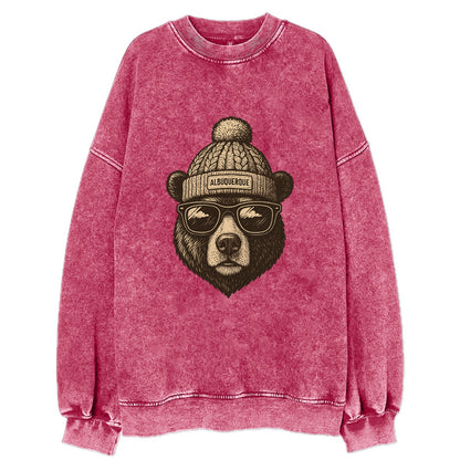 New Mexico Black Bear wearing Albuquerque beanie with pom pom and wayfarer - Vintage Sweatshirt - Pink