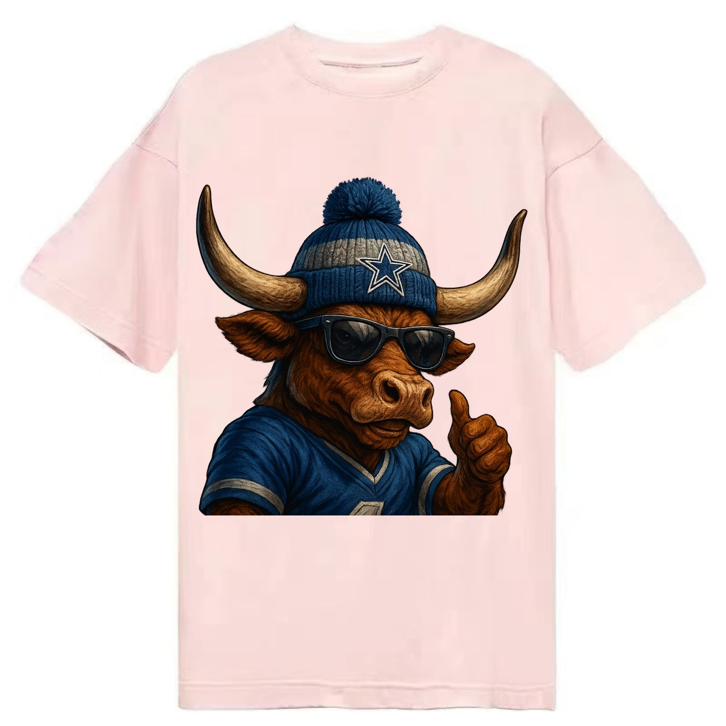 Texas Longhorn wearing Cowboys silver and blue beanie with star and wayfarer - Classic T-shirt - Pink