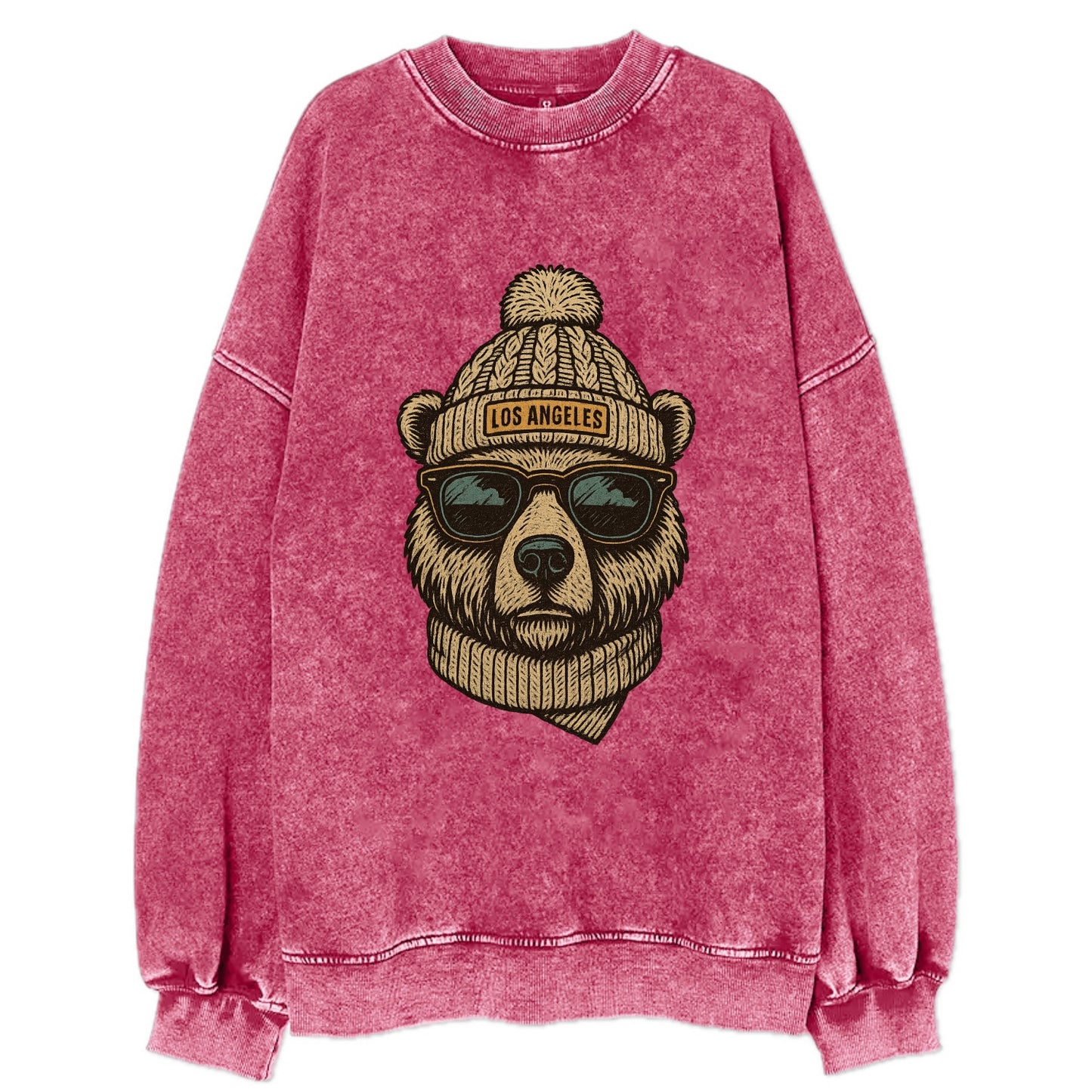 California Grizzly Bear wearing Los Angeles beanie with pom pom and wayfarer - Vintage Sweatshirt - Pink