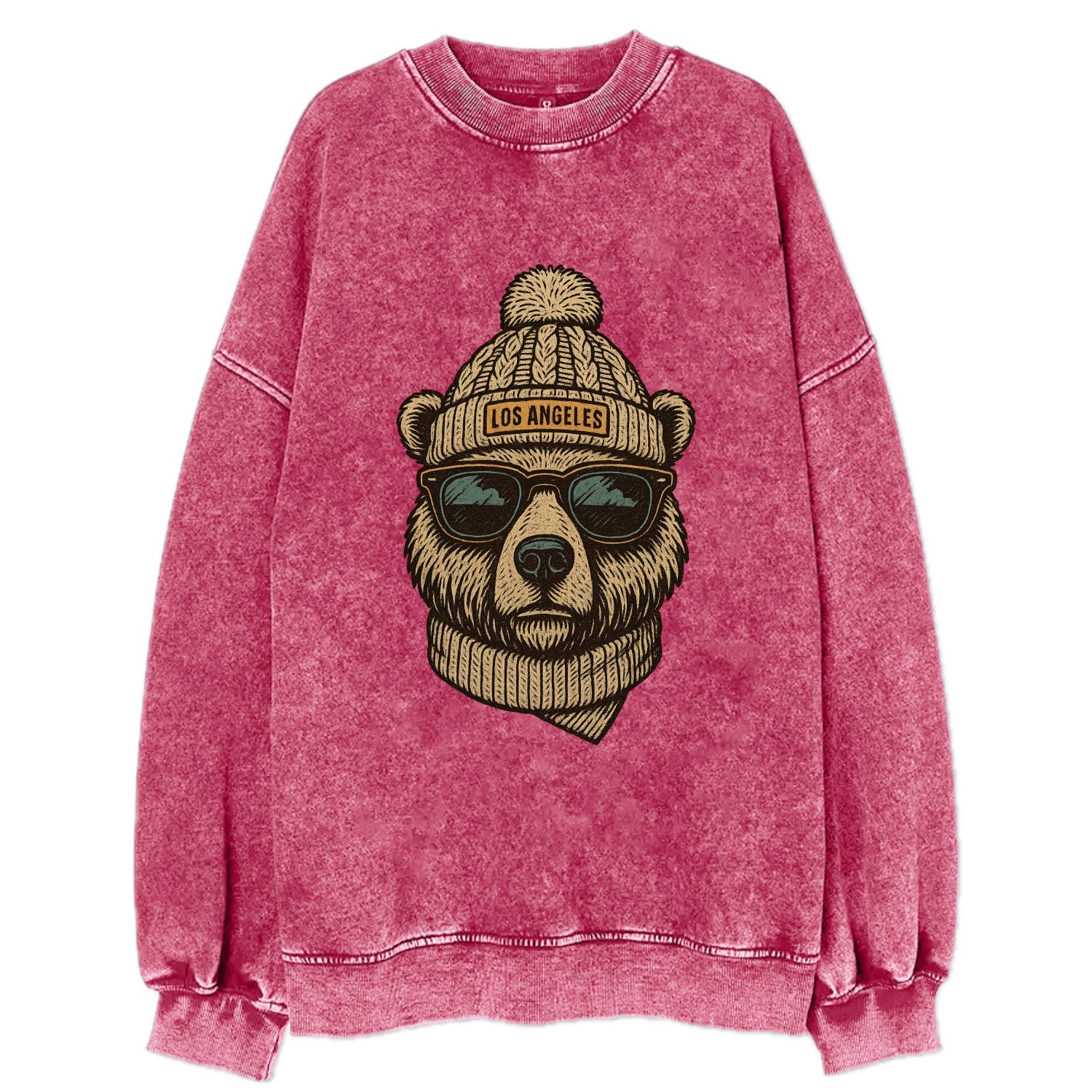 California Grizzly Bear wearing Los Angeles beanie with pom pom and wayfarer - Vintage Sweatshirt - Pink