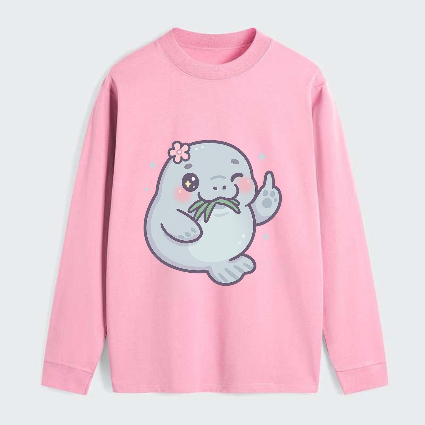 chubby manatee munching on seagrass, one flipper raised with sass - Classic Long Sleeve Shirt - Pink