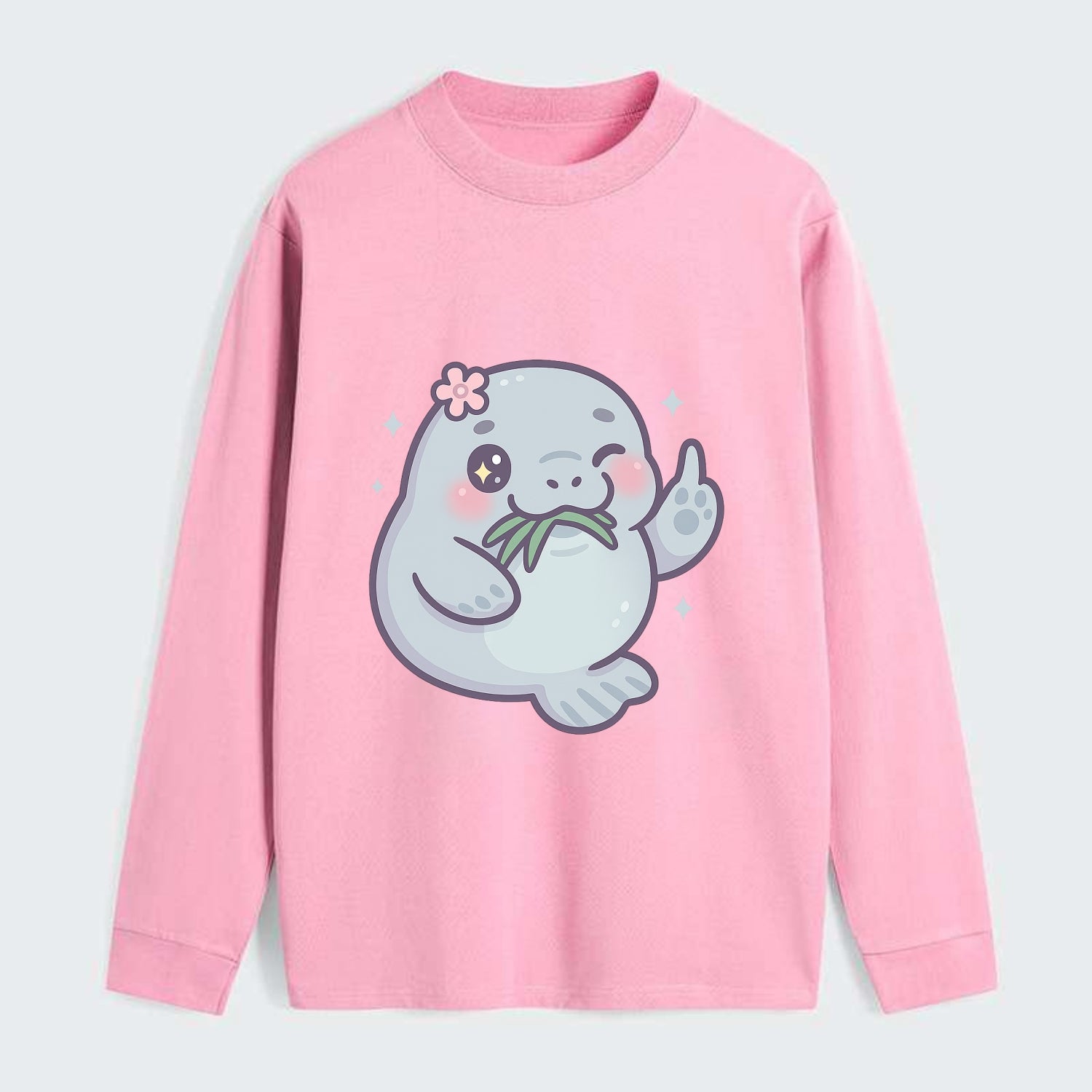chubby manatee munching on seagrass, one flipper raised with sass - Classic Long Sleeve Shirt - Pink