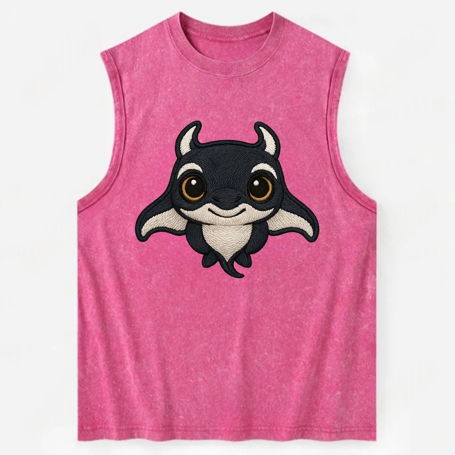 Baby Manta Ray - dark with white markings, cephalic fins, gentle eyes, - Vintage Washed Tank - Pink