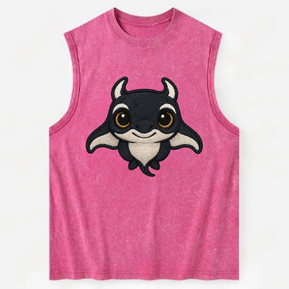 Baby Manta Ray - dark with white markings, cephalic fins, gentle eyes, - Vintage Washed Tank - Pink