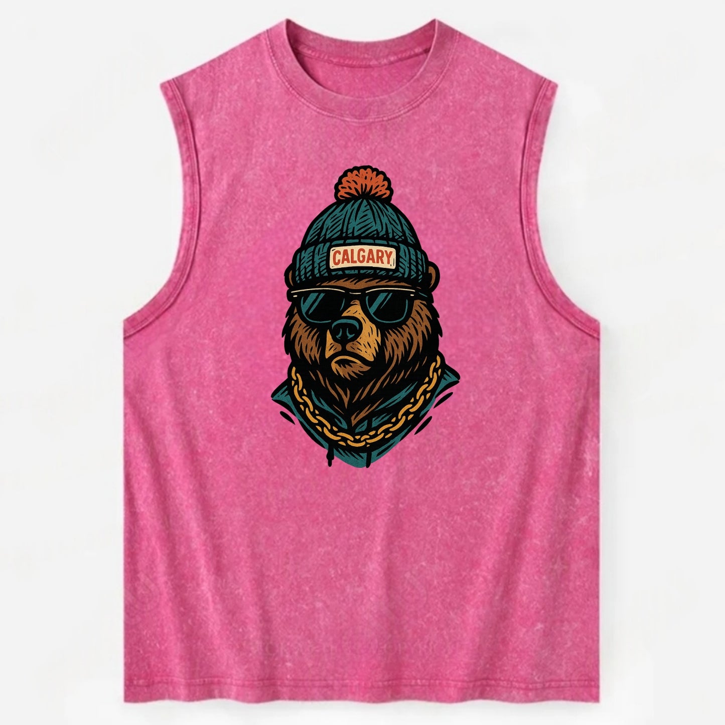 Calgary Grizzly Bear wearing Calgary beanie with pom pom and wayfarer - Vintage Washed Tank - Pink