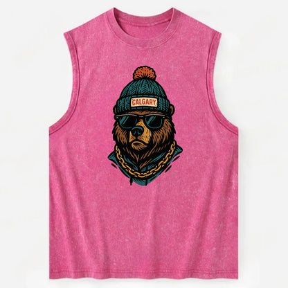 Calgary Grizzly Bear wearing Calgary beanie with pom pom and wayfarer - Vintage Washed Tank - Pink
