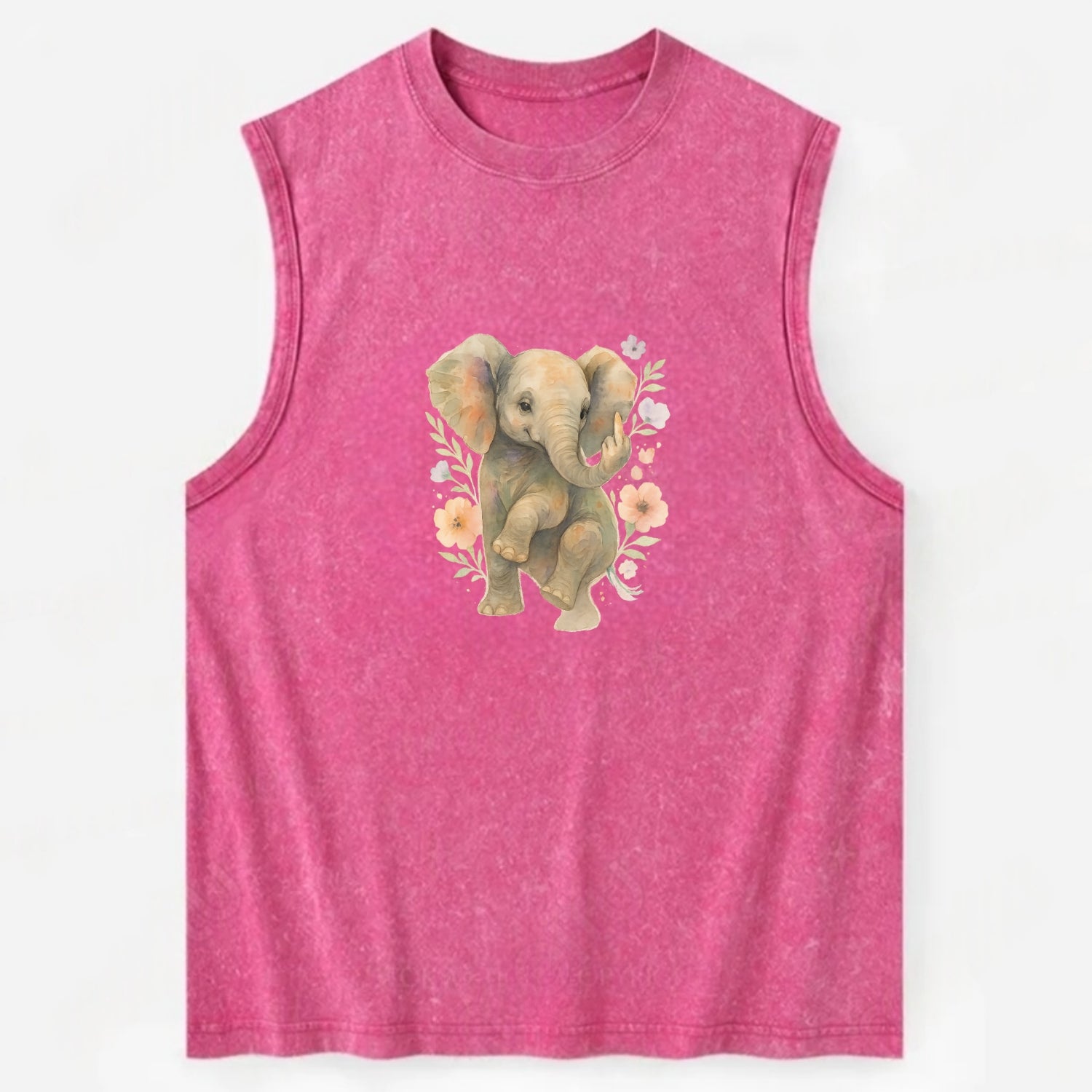 baby elephant with trunk up, one foot raised with middle toe extended - Vintage Washed Tank - Pink