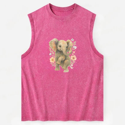 baby elephant with trunk up, one foot raised with middle toe extended - Vintage Washed Tank - Pink