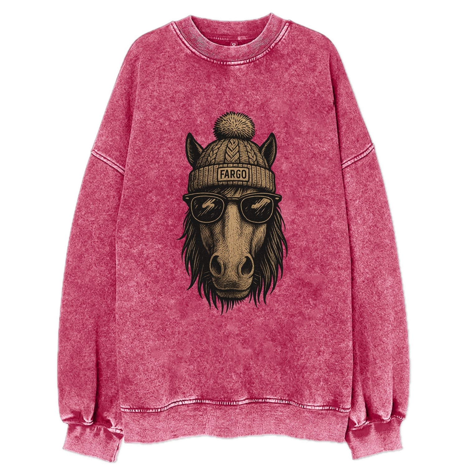 North Dakota Nokota Horse wearing Fargo beanie with pom pom and wayfarer - Vintage Sweatshirt - Pink