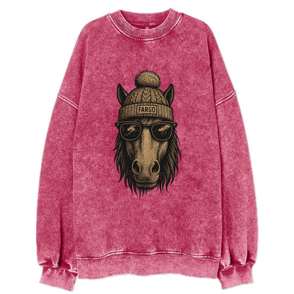 North Dakota Nokota Horse wearing Fargo beanie with pom pom and wayfarer - Vintage Sweatshirt - Pink