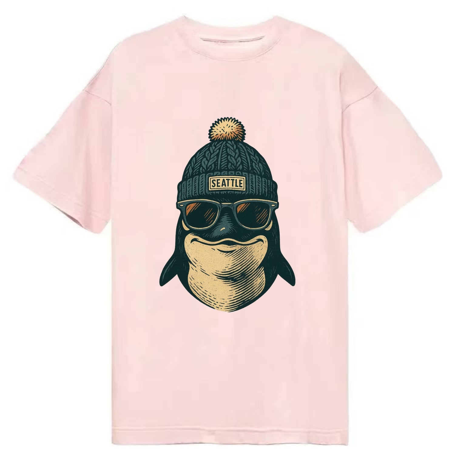 Washington Orca wearing Seattle beanie with pom pom and wayfarer sunglasses - Classic T-shirt - Pink