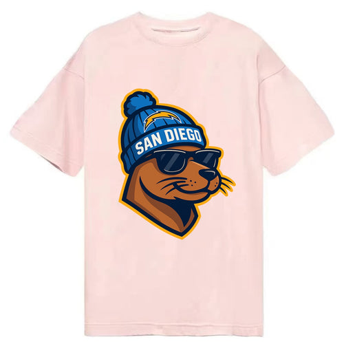San Diego Sea Lion wearing Chargers beanie with bolt patch and wayfarer sunglasses - Classic T-shirt