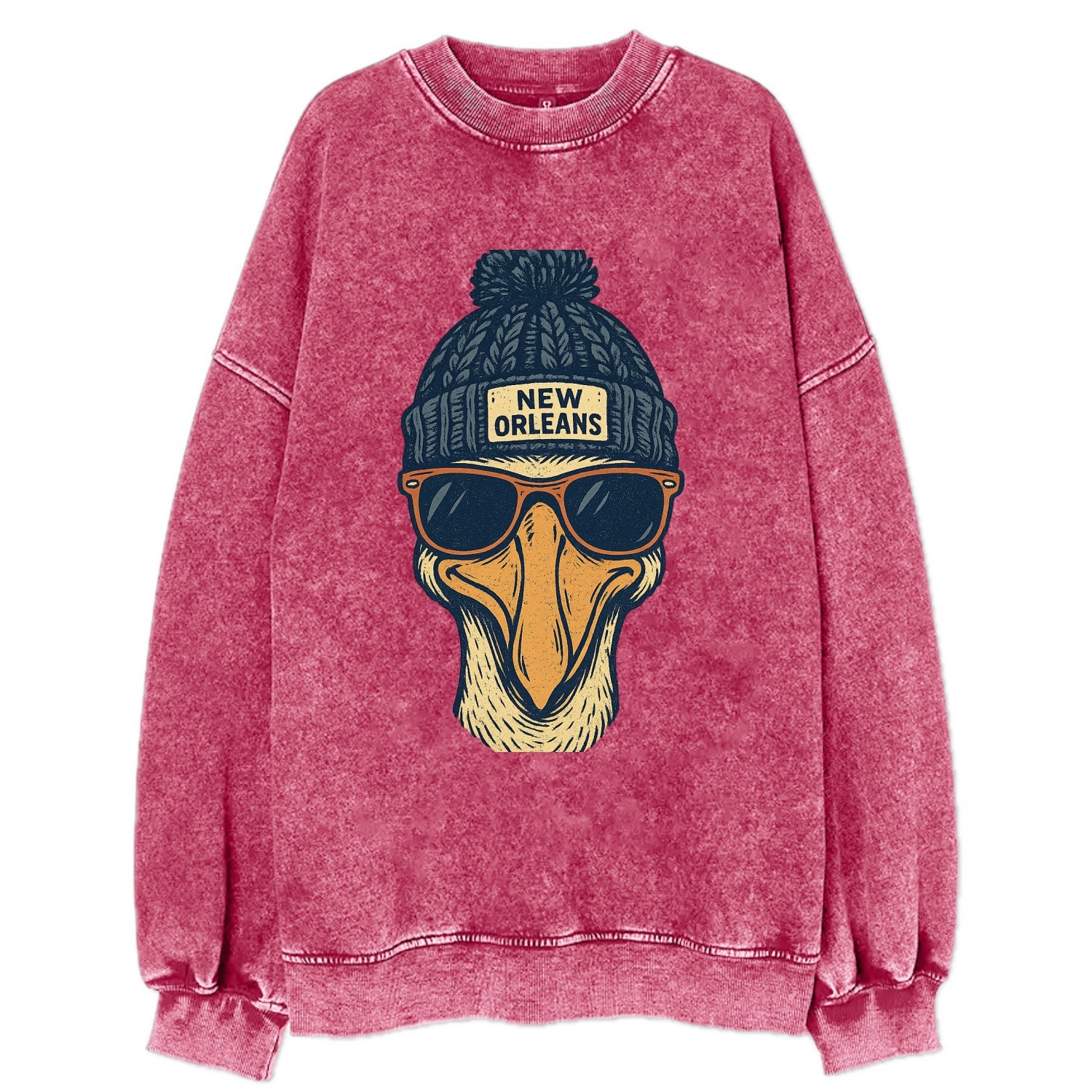 New Orleans Pelican wearing New Orleans beanie with pom pom and wayfarer - Vintage Sweatshirt - Pink