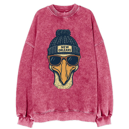 New Orleans Pelican wearing New Orleans beanie with pom pom and wayfarer - Vintage Sweatshirt - Pink