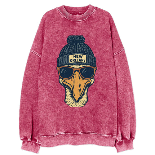 New Orleans Pelican wearing New Orleans beanie with pom pom and wayfarer - Vintage Sweatshirt