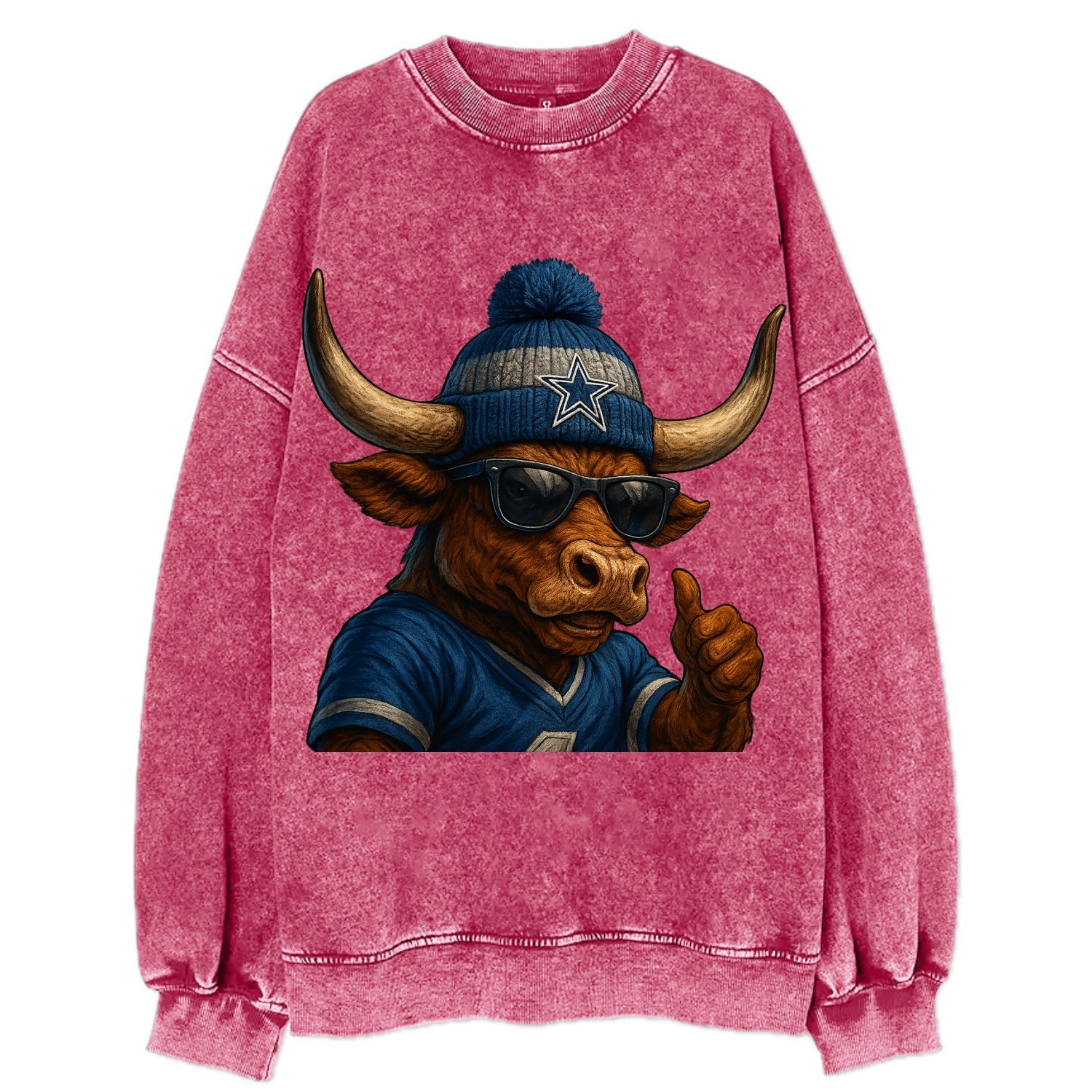 Texas Longhorn wearing Cowboys silver and blue beanie with star and wayfarer - Vintage Sweatshirt - Pink