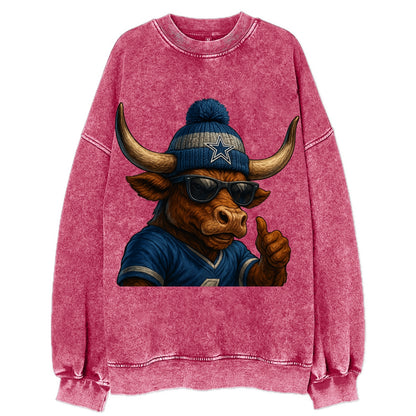 Texas Longhorn wearing Cowboys silver and blue beanie with star and wayfarer - Vintage Sweatshirt - Pink