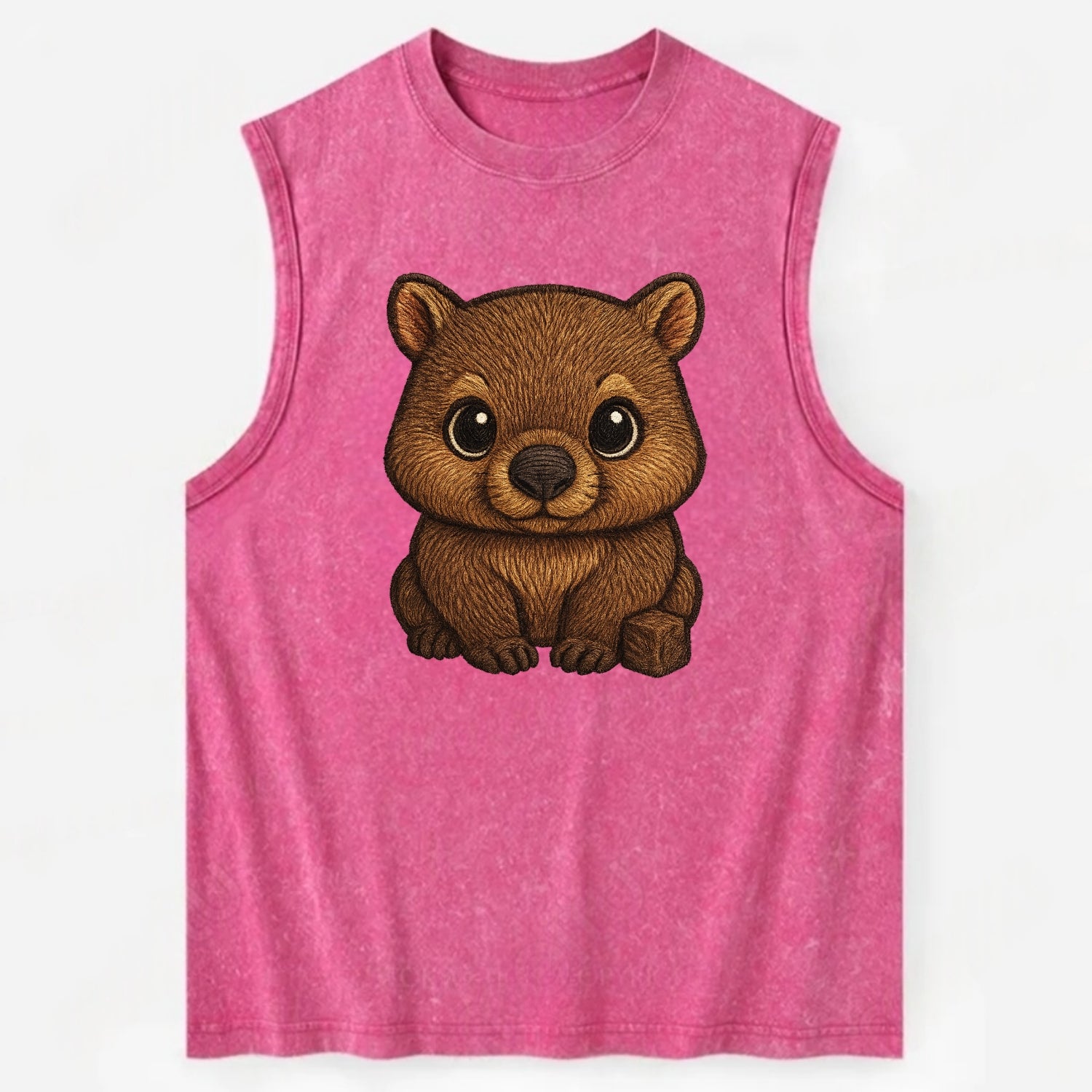 Baby Wombat - brown fur, square nose, small ears, dark eyes, front-facing, - Vintage Washed Tank - Pink