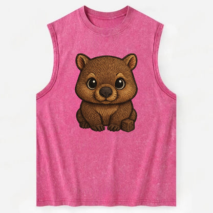 Baby Wombat - brown fur, square nose, small ears, dark eyes, front-facing, - Vintage Washed Tank - Pink