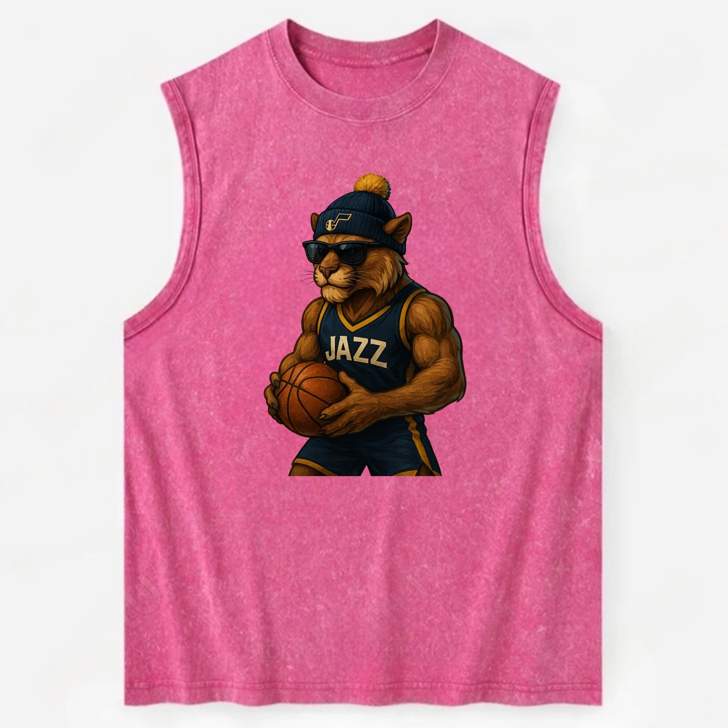 Utah Mountain Lion wearing Jazz navy and yellow beanie with music note and - Vintage Washed Tank - Pink