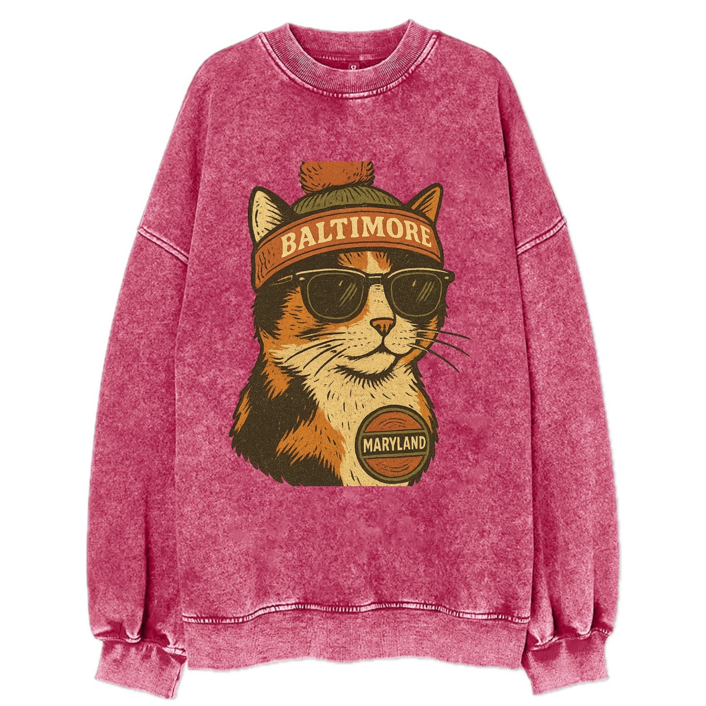 Maryland Calico Cat wearing Baltimore beanie with pom pom and wayfarer - Vintage Sweatshirt - Pink