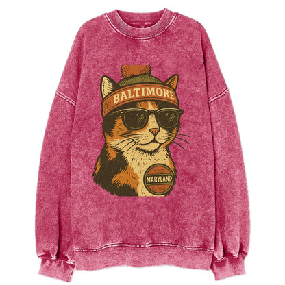 Maryland Calico Cat wearing Baltimore beanie with pom pom and wayfarer - Vintage Sweatshirt - Pink