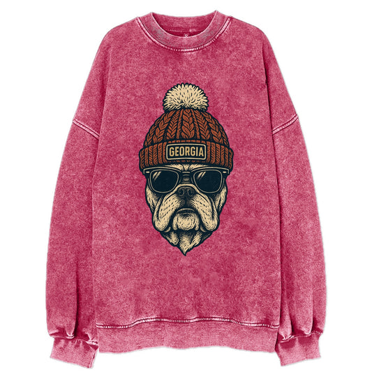 Athens Bulldog wearing Georgia beanie wi - Vintage Sweatshirt - Pink